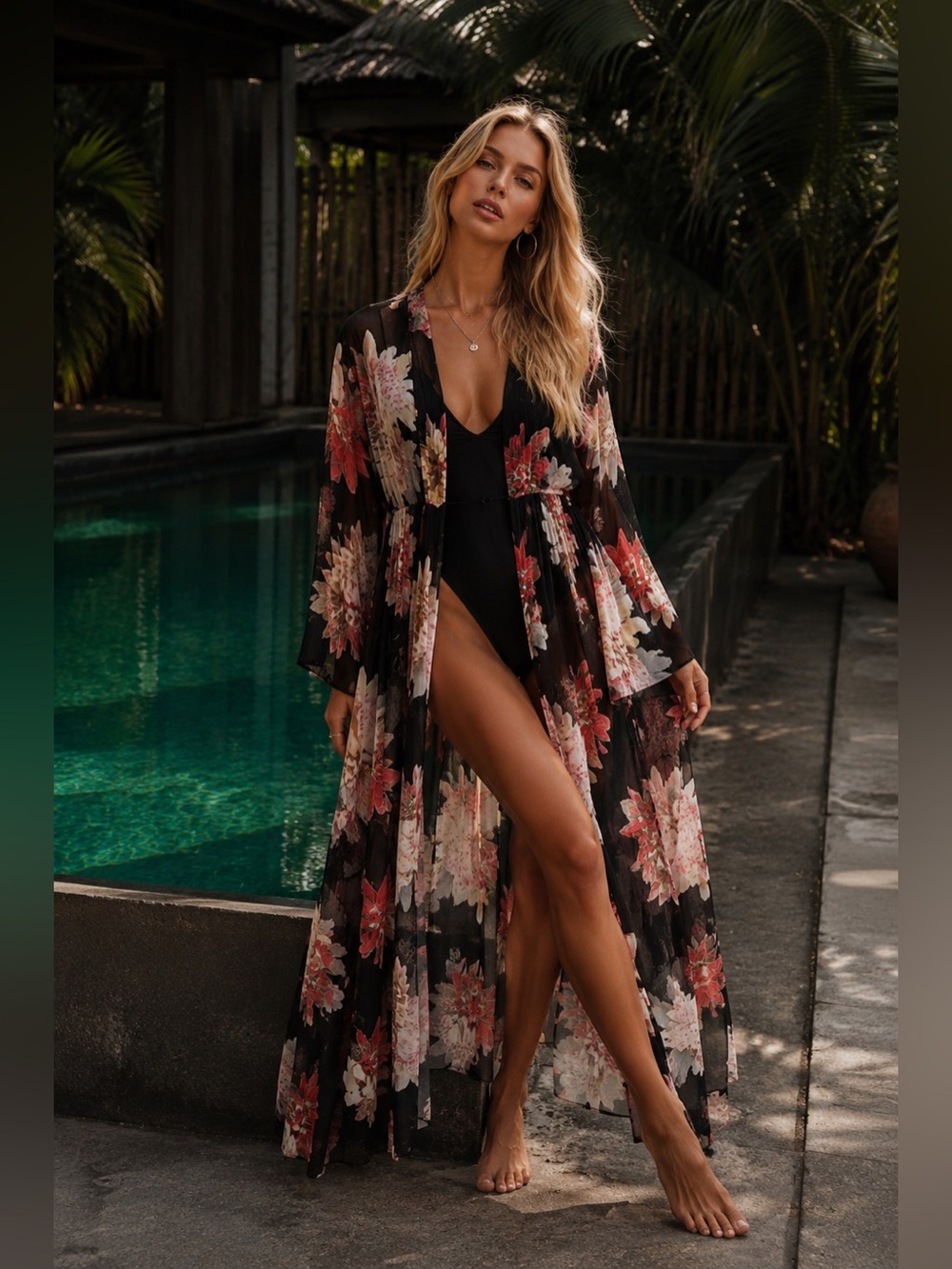 Fashion Nova Black Floral Sheer Kimono Cover-Up